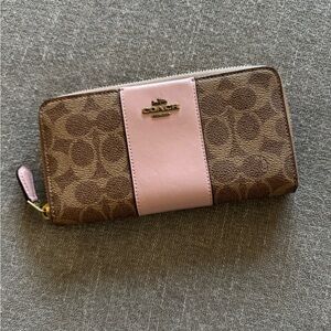 Coach Signature Zip‎ Around Wallet Brown & Pink Leather Canvas OS